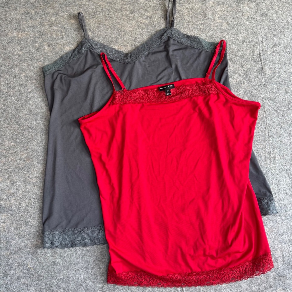 Fashion Bug Womens 2X Camisole Lot of 2 Red Gray Lace Trim Adjustable Straps Top